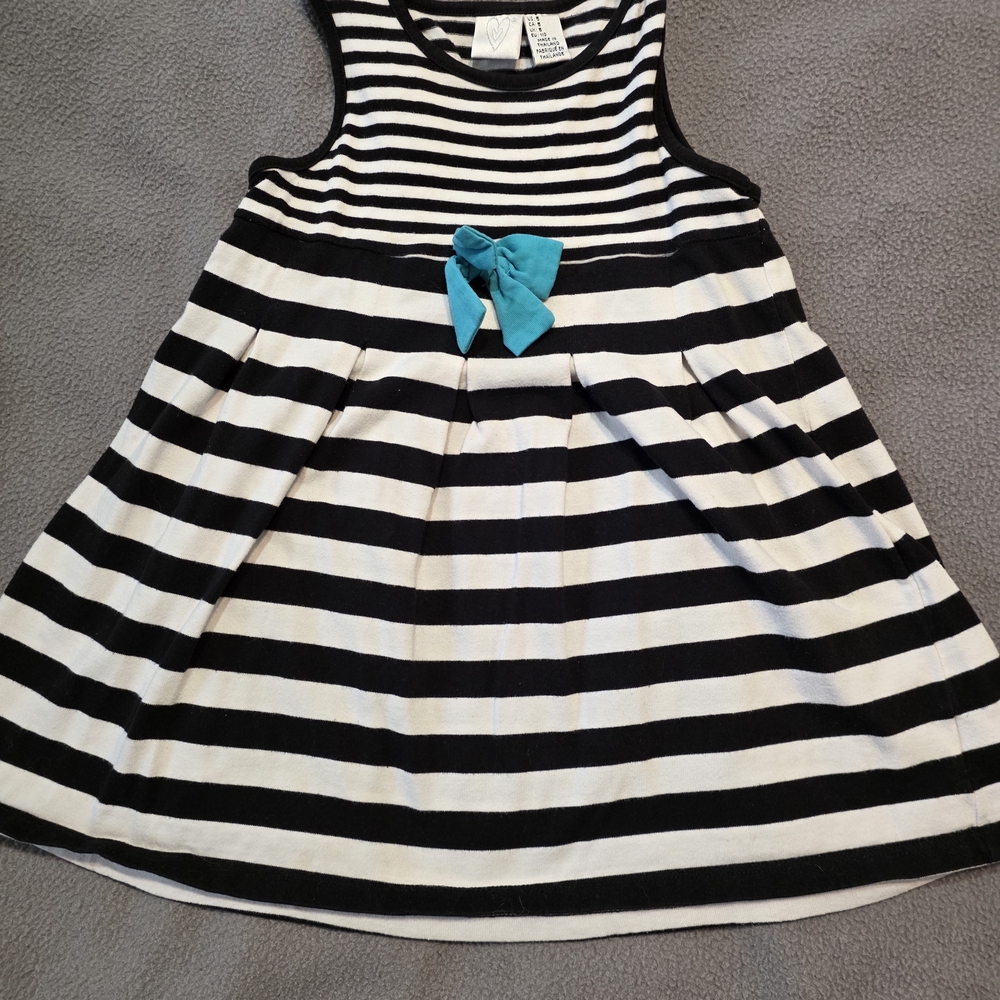 Source Unknown Black & White Striped Dress with Teal Bow